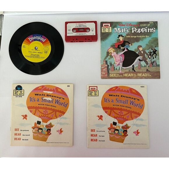 Disney Lot X3 It's a Small World & Mary Poppin 1968Vinyl Record 7" 1977 Cassette